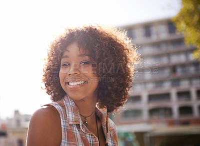 Buy stock photo Portrait, smile and black woman in city for fun, sunshine and weekend break in Amsterdam. Afro, confidence and face of female person in downtown for happiness, explore and urban lifestyle outdoor