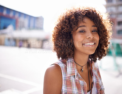 Buy stock photo Portrait, smile and black woman in city for sunshine, fun and weekend break in Amsterdam. Afro, confidence and face of female person in downtown for happiness, explore and urban lifestyle outdoor