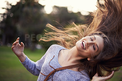 Buy stock photo Woman, happy and dancing with hair in wind, female person in nature with carefree creative and moving motion. Summer, enjoy or student on holiday with excited, head and smile for vacation freedom