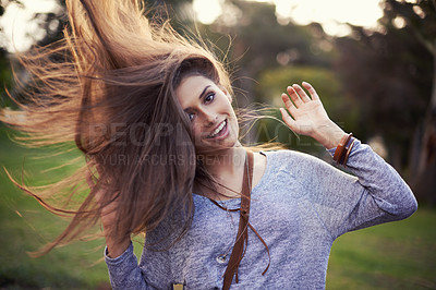 Buy stock photo Woman, freedom and smile outside with hair flip, female person in nature or creative dancing or moving motion. Summer, enjoy or student on holiday with excited, head and cheerful or vacation dancer