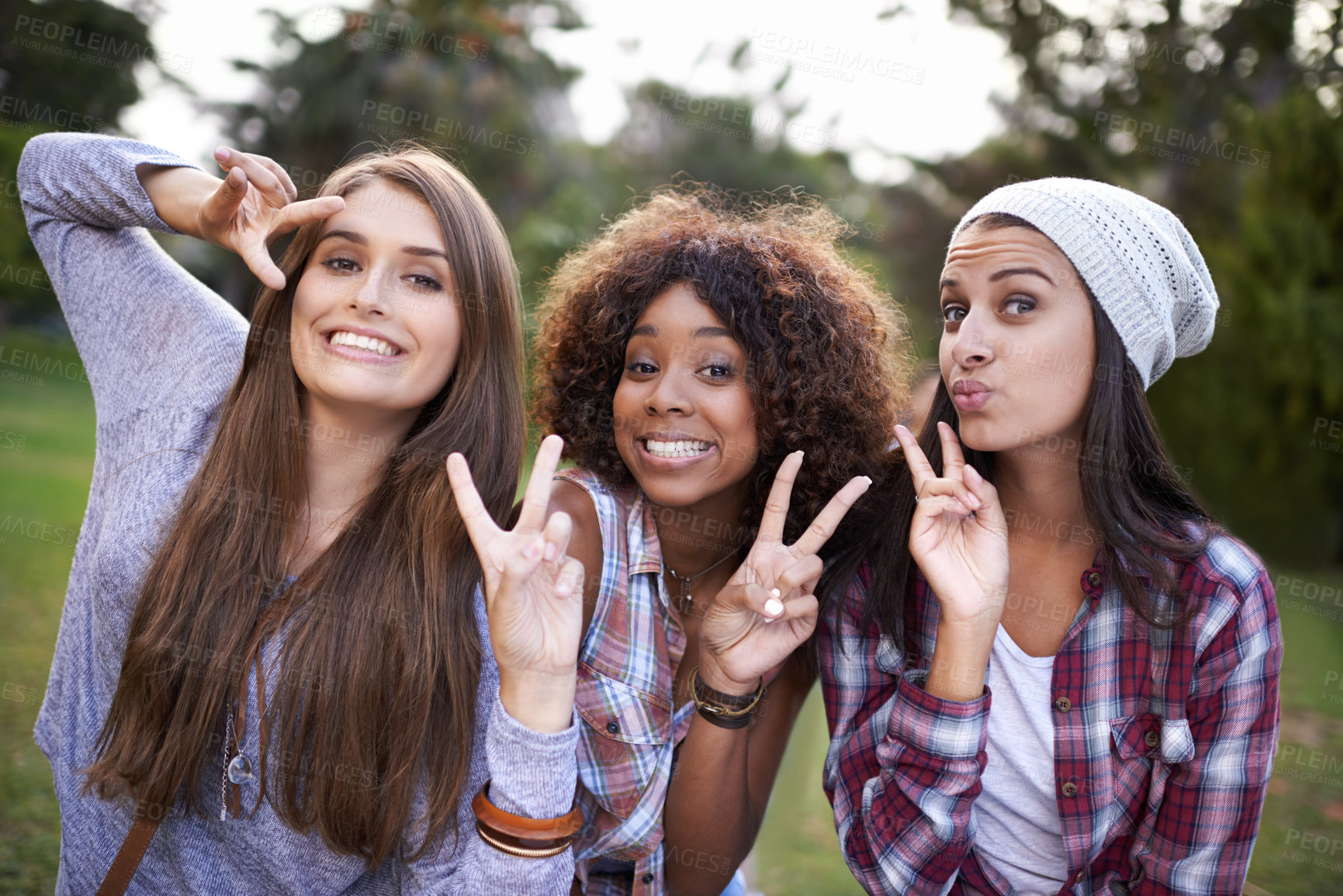 Buy stock photo Happy, portrait and friends in a park with peace sign, fun or  bonding on vacation, weekend or reunion in nature. Smile, face and gen z women in a forest with v hands for freedom, travel or love