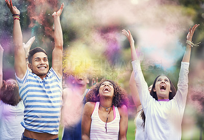 Buy stock photo Powder, paint and friends at color festival in park, happiness and fun with celebration or party outdoor. Freedom, excited and colorful mess, smoke or dust with positivity and people at summer event