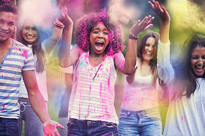 Buy stock photo Friends, excited and powder paint at color festival in park, happiness and fun with celebration or party outdoor. Freedom, cheers and colorful mess, joy and culture with people at summer event