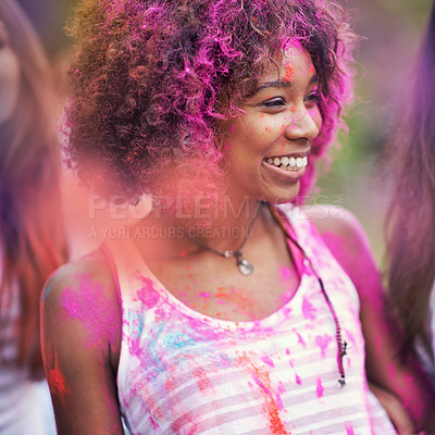 Buy stock photo Powder, paint and happy woman at color festival in park,  fun with celebration or party outdoor. Freedom, excited and colorful mess with smile for joy and culture, positivity and summer event