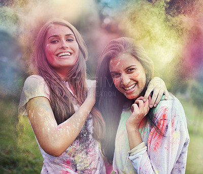Buy stock photo Paint, splash and portrait of women at color powder festival  for fun, experience or bonding. Travel, freedom or face of lady friends in India for Holi, celebration or colorful street party tradition