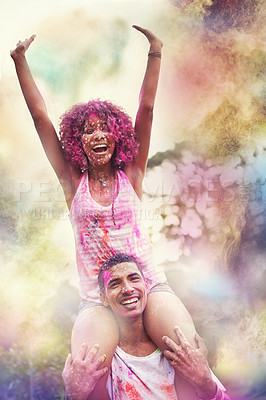 Buy stock photo Color, festival and excited couple with smile for fun, Holi and outdoor gathering for spring, nature and social. Powder, paint splash and celebration in park with man, woman and trees at happy event 