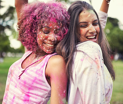 Buy stock photo Paint, splash and women dance at color powder festival  for fun, experience or bonding. Travel, freedom or excited lady friends in India for Holi, celebration or colorful street party tradition