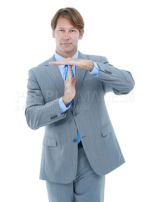 Buy stock photo Businessman, portrait and hands with stop for no, wait or negative on a white studio background. Man or employee with disapproval sign or gesture for halt, disagreement or timeout on mockup space