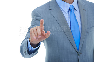 Buy stock photo Businessman, hands and pointing with touch for UI, UX or interaction on a white studio background. Closeup of man or male person with finger on invisible interface or selection with mockup space