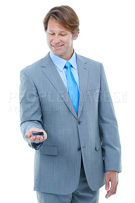 Buy stock photo Happy, businessman and palm with phone for advertising or marketing on a white studio background. Handsome man or young employee with smile on mobile smartphone screen or display on mockup space