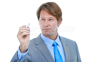 Buy stock photo Businessman, writing and planning with marker for brainstorming or schedule on a white studio background. Handsome man or young employee taking notes for project, task or reminder with mockup space
