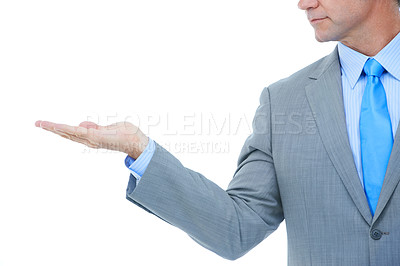 Buy stock photo Businessman, hands and palm with advertising for marketing or presentation on a white studio background. Closeup of man or employee with hand out for selection, choice or decision on mockup space