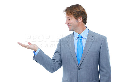 Buy stock photo Happy, businessman and palm with choice in advertising or marketing on a white studio background. Face or profile of man or employee with smile, hand out or presentation for selection on mockup space