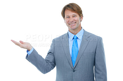 Buy stock photo Happy businessman, portrait and palm with choice in advertising or marketing on a white studio background. Face of man or employee with smile or hand out for selection or presentation on mockup space