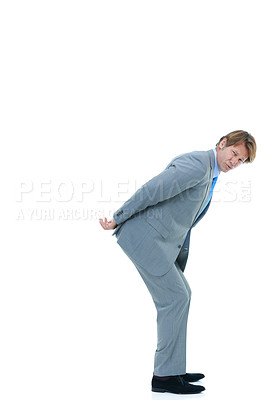 Buy stock photo Businessman, portrait and back with pressure, workload or carrying invisible weight on a white studio background. Isolated man, employee or model holding something heavy for business on mockup space