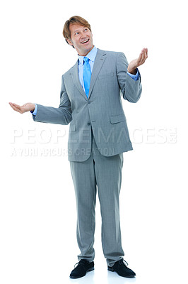 Buy stock photo Happy, businessman and choice with hands up in studio for confused and shrug for options in corporate career. Professional, consultant or lawyer with decision or positive solution on white background