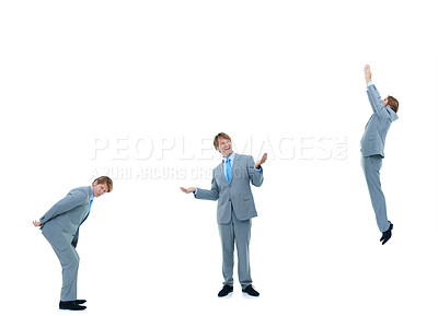 Buy stock photo Businessman, collage and poses with mockup space for career or job opportunity on a white studio background. Employee man in ladder of success, climb or business growth for experience or performance