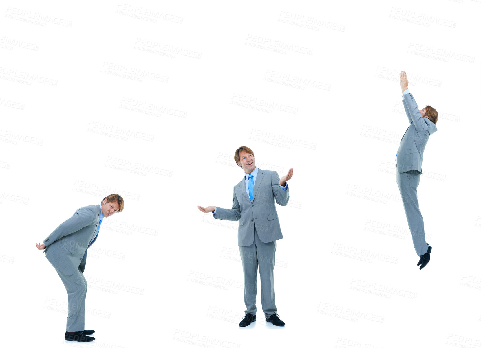 Buy stock photo Businessman, collage and poses with mockup space for career or job opportunity on a white studio background. Employee man in ladder of success, climb or business growth for experience or performance