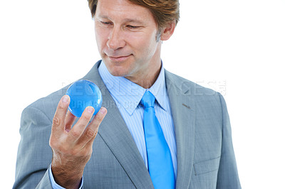 Buy stock photo Businessman, hand and ball with vision or globe for career sight or job opportunity on a white studio background. Happy man or employee with smile holding round object or blue orb on mockup space