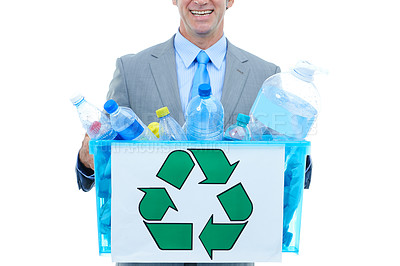 Buy stock photo Happy, businessman and box with recycle plastic for eco friendly environment on a white studio background. Closeup of employee man with bucket of trash, garbage or bottles for pollution or earth day