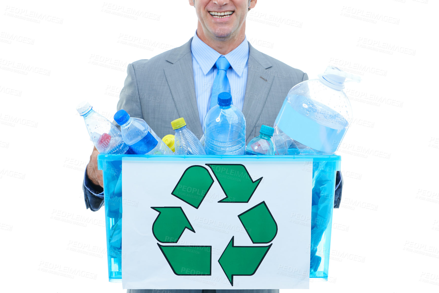 Buy stock photo Happy, businessman and box with recycle plastic for eco friendly environment on a white studio background. Closeup of employee man with bucket of trash, garbage or bottles for pollution or earth day