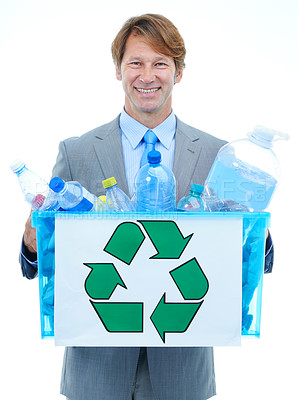 Buy stock photo Happy businessman, portrait and box with recycle plastic for eco friendly environment on a white studio background. Man or employee with bucket of trash, garbage or bottles for pollution or earth day