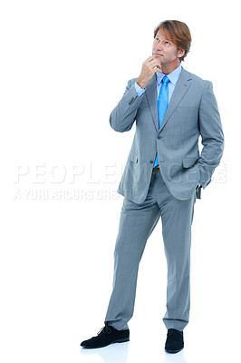 Buy stock photo Businessman, thinking and fashion with suit for idea, choice or decision on a white studio background. Man or employee in wonder or thought for selection, opinion or business solution on mockup space