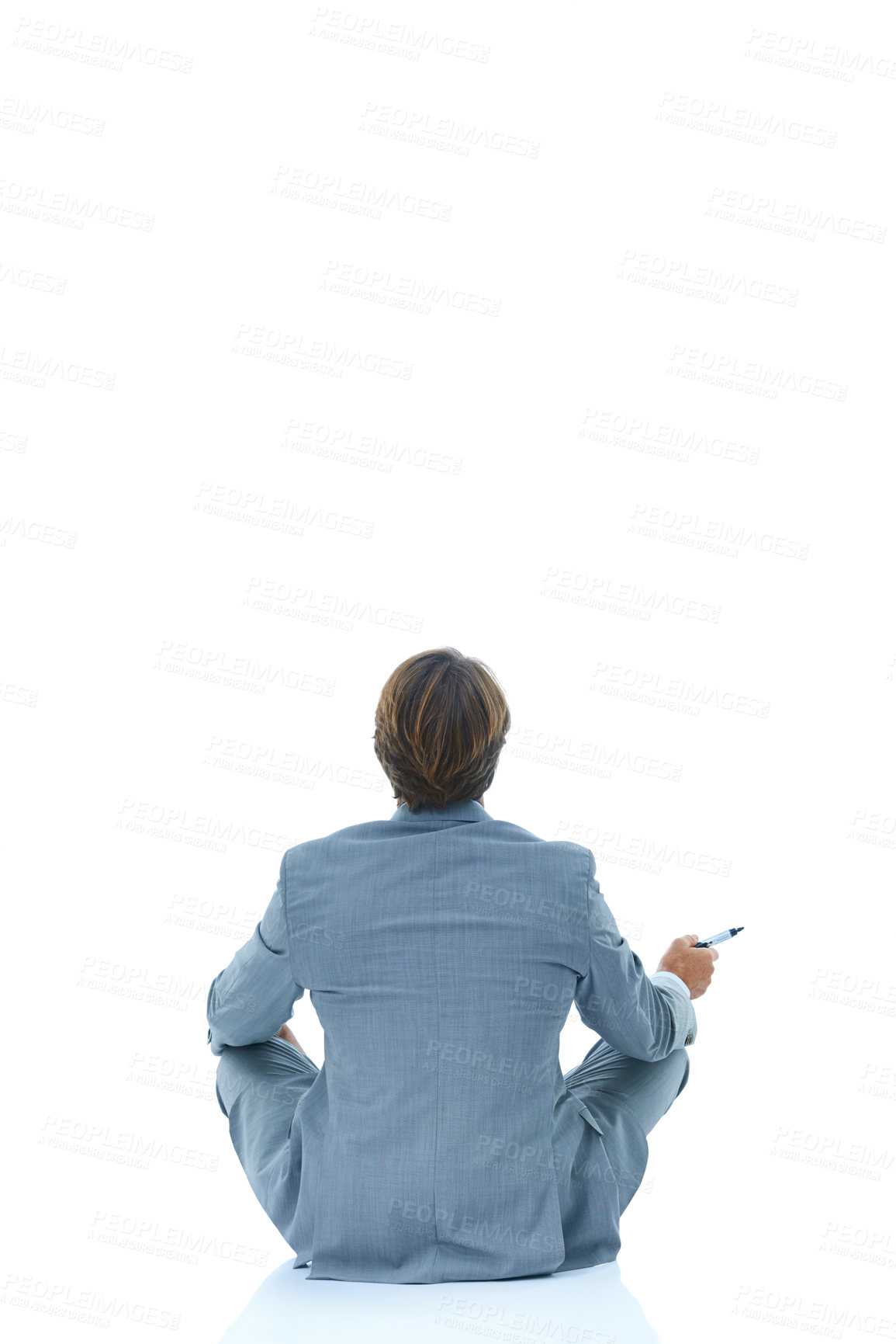 Buy stock photo Businessman, back and relax with marker in studio for planning, brainstorming or thinking on a white background. Rear view of man, employee or model with pen for idea or solution on mockup space