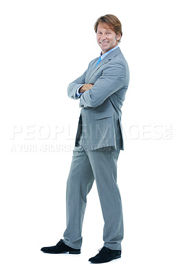 Buy stock photo Businessman, portrait or smile with arms crossed in studio or confident in career by white background. Director, face and positive for commitment to job satisfaction and professional in suit or tie