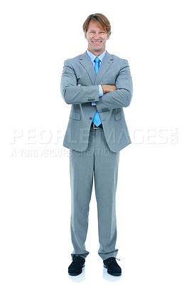 Buy stock photo Businessman, portrait or happy with arms crossed in studio or confident in career by white background. Executive, positive face and accountant for commitment to job and satisfaction as professional