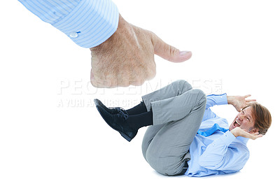 Buy stock photo Thumb, business and man scared of boss, employee and staff with depression from fear of employer. Studio, white background and professional male person with stress in workplace by push from CEO