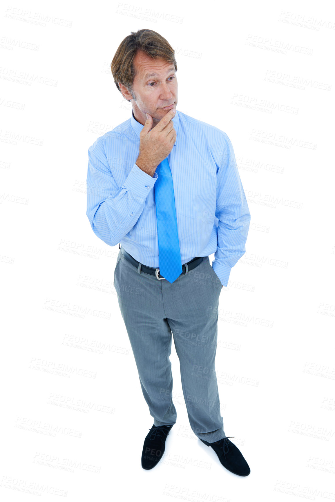 Buy stock photo Businessman, thinking and doubt with fashion suit for idea, choice or decision on a white studio background. Man or employee in wonder or thought for selection, opinion or business solution on mockup