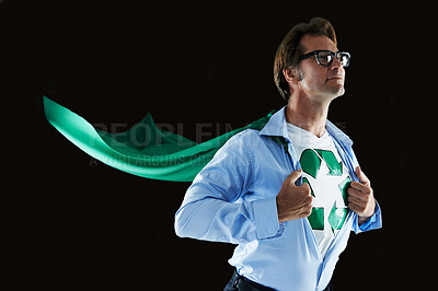 Buy stock photo Recycle, businessman and superhero for protection, environment or sustainability in studio background. Disguise, employee and person with cape for eco friendly, carbon footprint or waste management