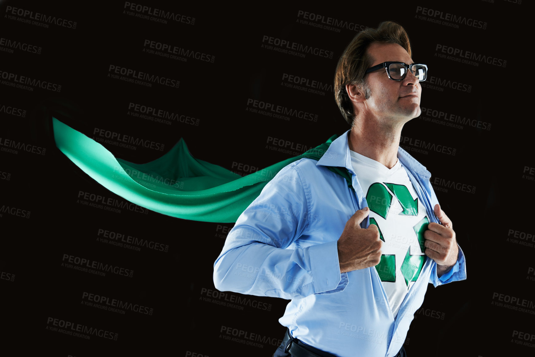 Buy stock photo Recycle, businessman and superhero for protection, environment or sustainability in studio background. Disguise, employee and person with cape for eco friendly, carbon footprint or waste management