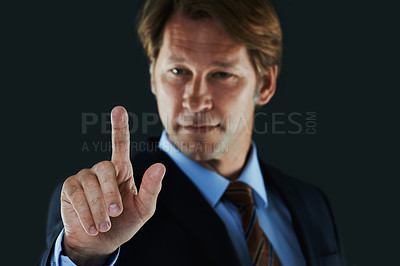 Buy stock photo Man, suit and touch for interactive screen, button and digital for business and information online. Young person with finger on device or technology for presentation, engagement and internet  