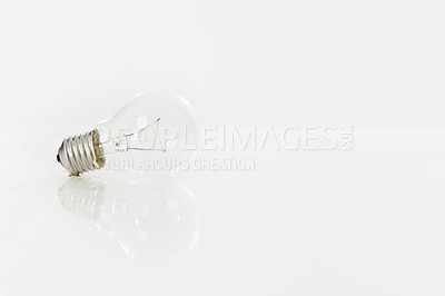 Buy stock photo Lightbulb, electricity and energy for light, power and glass on white background isolated. Ideas, thinking and solution for abstract with base cap, screw in and voltage for lighting equipment