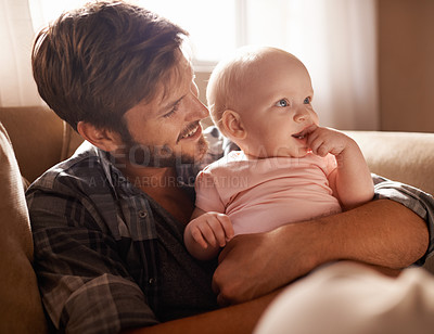 Buy stock photo Smile, dad and hug baby on sofa in home living room, playing or bonding together. Happiness, care and father embrace infant, newborn or child on couch in lounge, having fun and enjoying quality time.