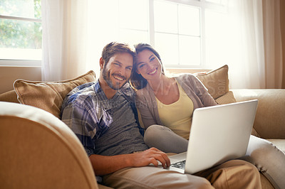 Buy stock photo Smile, portrait and couple on sofa with laptop, love and relax on weekend with movie subscription. Online, man and happy woman on couch streaming with website, digital app and social media in home