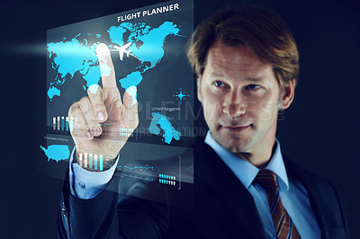 Buy stock photo Businessman, hologram and map for flight, planning and travel on business trip in studio background. Employee, hand and male person with future technology for information, schedule and destination