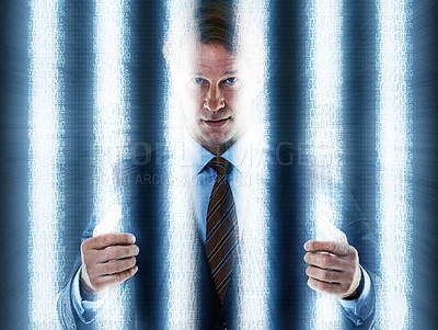 Buy stock photo Abstract, portrait and business man in prison for corruption scam, money laundering or fraud in studio with black background. Crime, hologram and face of male person for arrest, jail and extortion