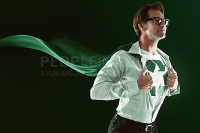 Buy stock photo Man, cape and glasses for superhero, sustainability and eco friendly in environment for smart and sustainable. Young person and specs with costume for recycling, responsibility and hero with mockup  