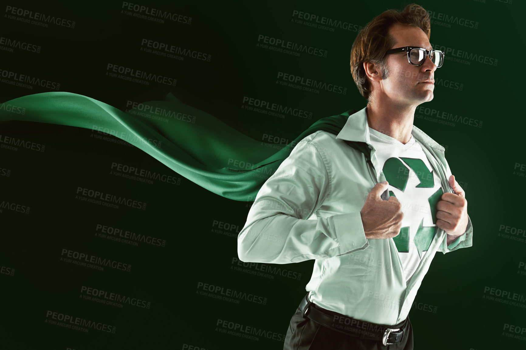 Buy stock photo Wind, businessman and superhero for recycling, sustainability and eco friendly for environment isolated on dark background. Male person, activist or environmentalist fearless for change in studio