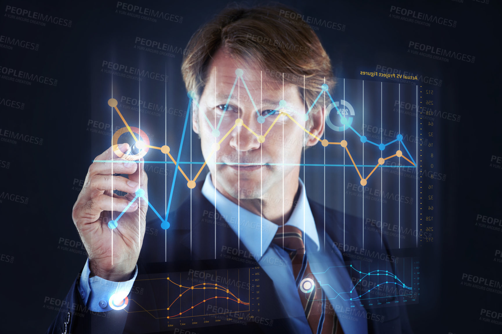 Buy stock photo Double exposure, hologram and businessman with chart for data analysis, fintech and finance information isolated on black background. Graph, technology and banker with statistics, research and audit