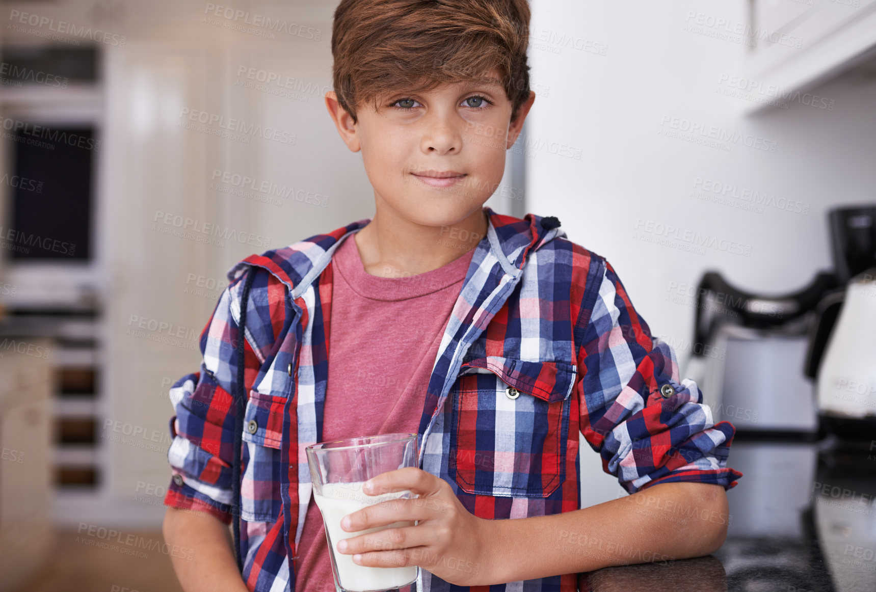 Buy stock photo Portrait, milk and boy child in kitchen of home in morning for calcium, drink or nutrition for growth. Dairy, glass and health with young teen kid in apartment, drinking fresh beverage for vitamins