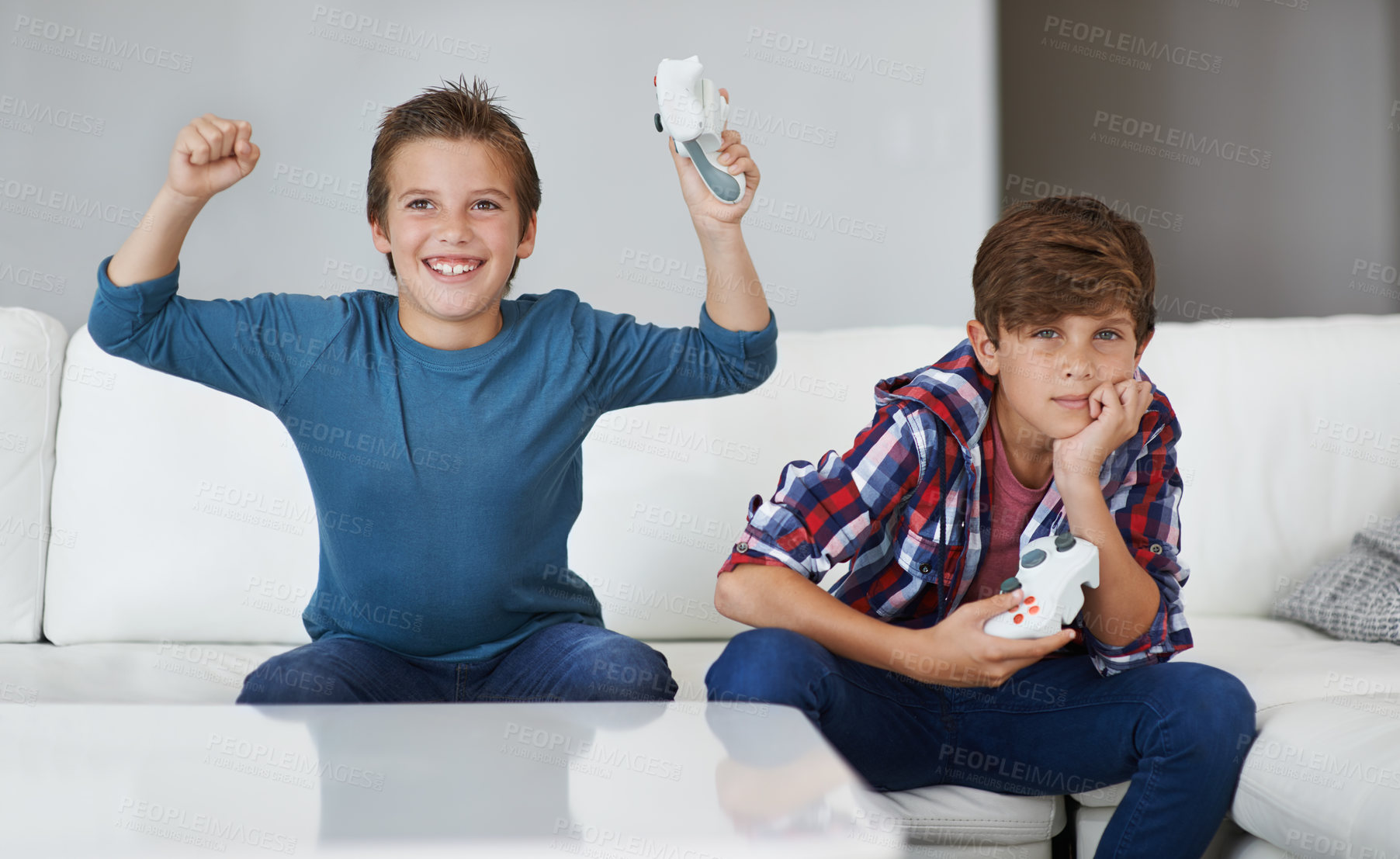 Buy stock photo Boys playing video game, celebrate and friends gaming with tech, esports and entertainment with winner. Gamer kids play games on console at home, happy with win and male children have fun together