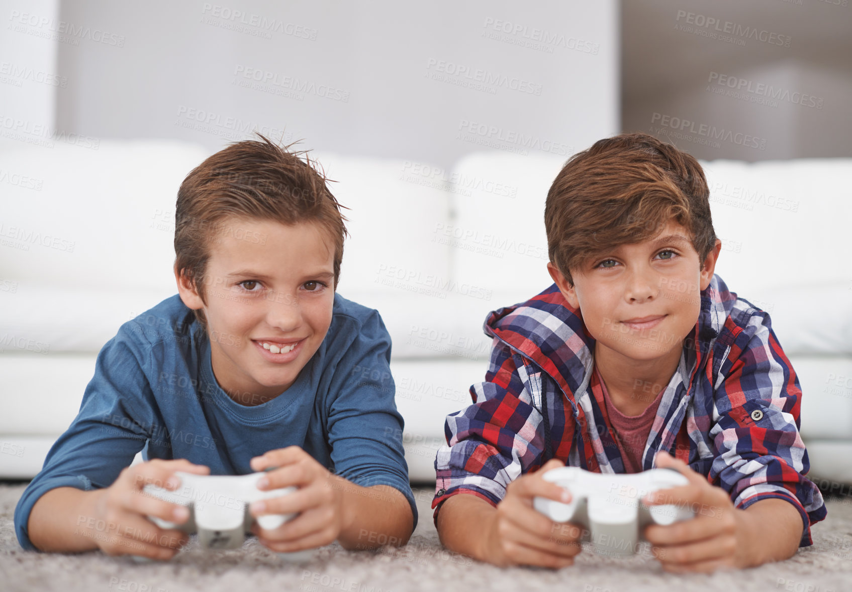 Buy stock photo Boys playing video game, friends and gaming at home in smile portrait for fun together in living room. Gamer kids play games on console, youth and happy male children with esports and controller