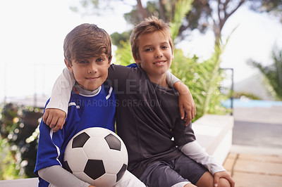 Buy stock photo Children, portrait and friends with soccer ball for sport practice or training competition, exercise or fitness. Male people, face and football game for cardio playing in America, workout or athlete