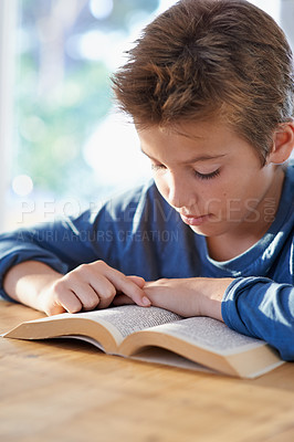 Buy stock photo Home, boy and kid with textbook to study or read with learning for child development, knowledge and growth Closeup, homework and information for education with notes for exam, test and school project