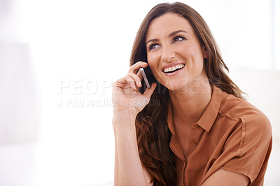 Buy stock photo Woman, phone call and smile with networking in mockup space, office and conversation. Discussion, consulting and professional girl with smartphone for chat, news and happiness for mobile connection