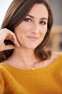 Buy stock photo Woman, portrait and casual to relax for calm or leisure, comfort and peace with happiness for wellness or wellbeing. Female person, rest and unwind for weekend break, relaxed outfit and stress free.